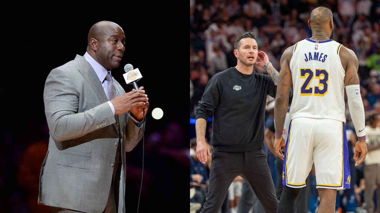 Magic Johnson (L), JJ Redick and LeBron James (R)