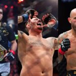 Islam Makhachev (L), Tom Aspinall (C), Alexander Volkanovski (R)