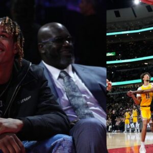 Shareef O'Neal and Shaquille O'Neal (L), LeBron James (R)