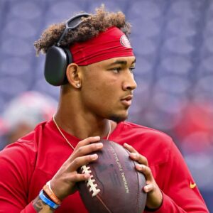 San Francisco 49ers quarterback Trey Lance (5) warming up prior to the game against the Houston Texans at NRG Stadium.