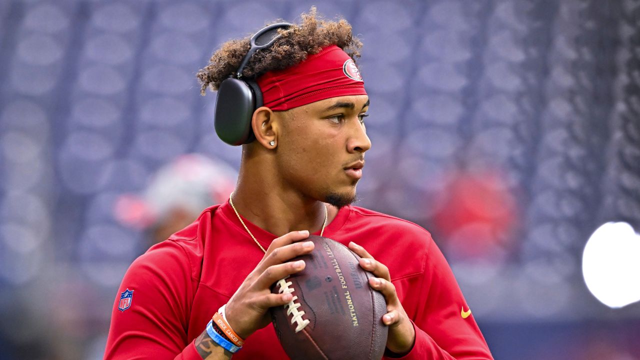 San Francisco 49ers quarterback Trey Lance (5) warming up prior to the game against the Houston Texans at NRG Stadium.