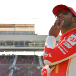 Nov 5, 2022; Avondale, Arizona, USA; NASCAR Cup Series driver Bubba Wallace (45) during qualifying at Phoenix Raceway. Mandatory Credit: Gary A. Vasquez-Imagn Images