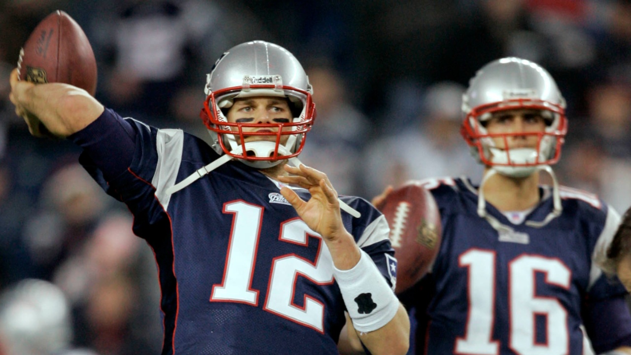Jan 12, 2008; Foxboro, MA, USA; New England Patriots quarterback Tom Brady (12) and quarterback Matt Cassel (16) warm up pre-game against the Jacksonville Jaguars during the AFC Divisional Playoff game at Gillette Stadium.