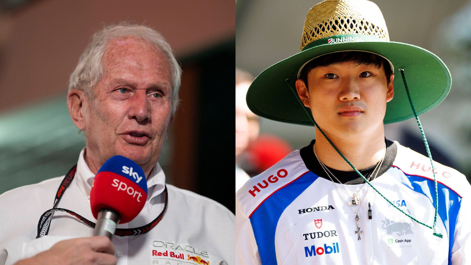 Helmut Marko (L) and Yuki Tsunoda (R)