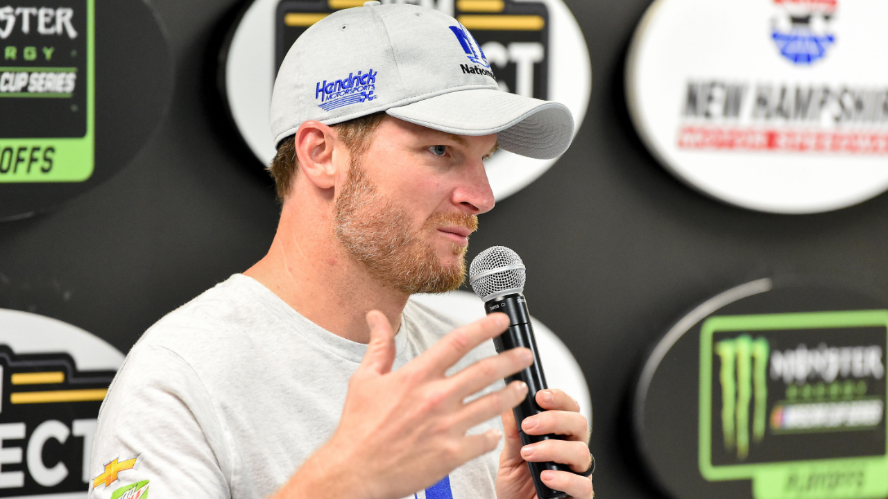 Monster Energy NASCAR Cup Series driver Dale Earnhardt Jr. (88) talks with the media during qualifying for the ISM Connect 300 at the New Hampshire Motor Speedway.