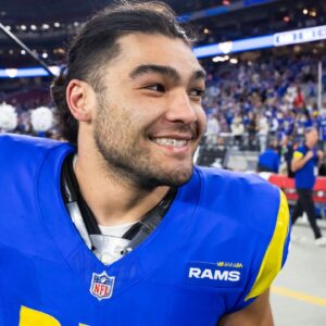 Los Angeles Rams wide receiver Puka Nacua (17) celebrates after defeating the Minnesota Vikings during an NFC wild card game at State Farm Stadium.
