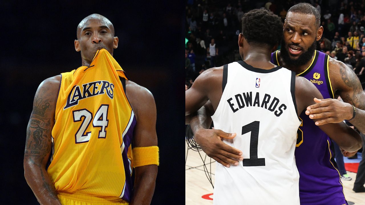 Kobe Bryant (L), LeBron James and Anthony Edwards (R)