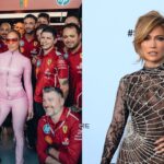 Jennifer Lopez with Ferrari mechanics in Jeddah (L) and Jennifer Lopez at a Move premiere (R)