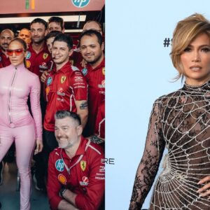 Jennifer Lopez with Ferrari mechanics in Jeddah (L) and Jennifer Lopez at a Move premiere (R)