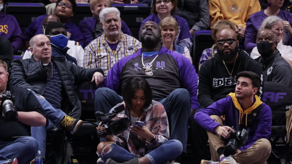 NBA former player Shaquille O Neal watches his son LSU Tigers forward Shareef O'Neal (not pictured) play against the Missouri Tigers during the second half at the Pete Maravich Assembly Center.