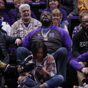 NBA former player Shaquille O Neal watches his son LSU Tigers forward Shareef O'Neal (not pictured) play against the Missouri Tigers during the second half at the Pete Maravich Assembly Center.