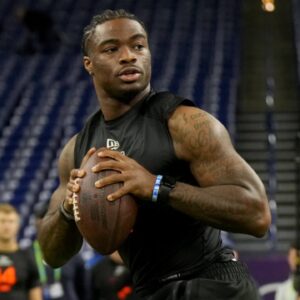 Mar 1, 2025; Indianapolis, IN, USA; Alabama quarterback Jalen Milroe (QB11) during the 2025 NFL Combine at Lucas Oil Stadium.