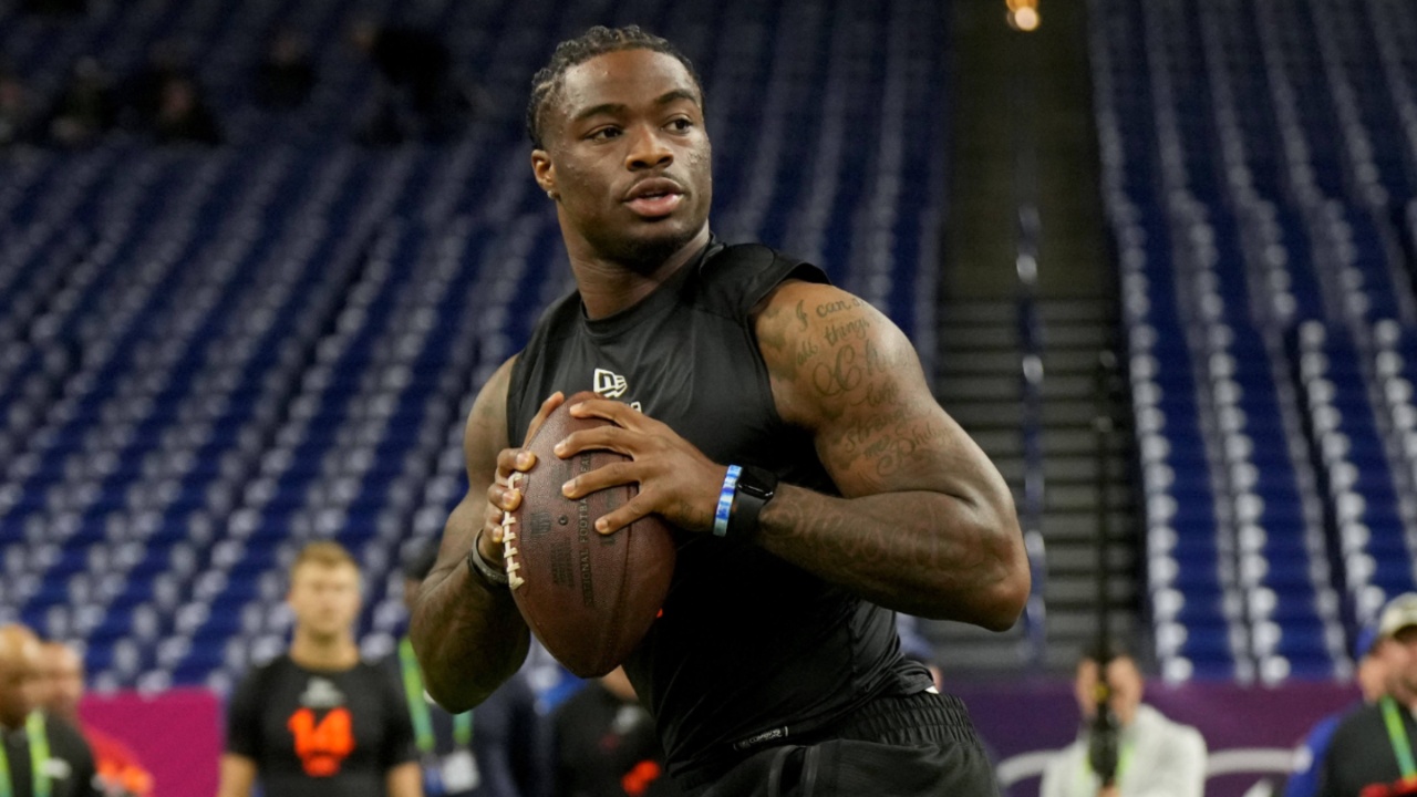 Mar 1, 2025; Indianapolis, IN, USA; Alabama quarterback Jalen Milroe (QB11) during the 2025 NFL Combine at Lucas Oil Stadium.