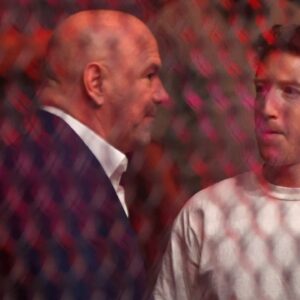Mark Zuckerberg (right) and Dana White (left) during UFC 300 at T-Mobile Arena.