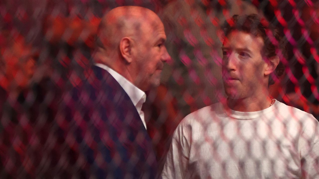 Mark Zuckerberg (right) and Dana White (left) during UFC 300 at T-Mobile Arena.