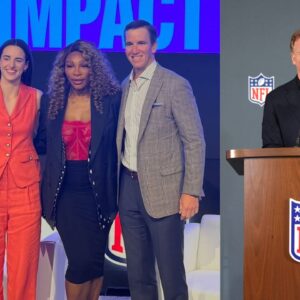 (L) Mellody Hobson, Caitlin Clark, Serena Williams, Eli Manning (R) Roger Goodell