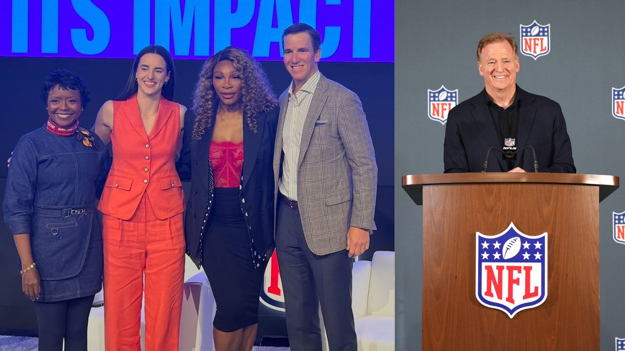 (L) Mellody Hobson, Caitlin Clark, Serena Williams, Eli Manning (R) Roger Goodell