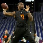 Alabama quarterback Jalen Milroe (QB11) during the 2025 NFL Combine at Lucas Oil Stadium.