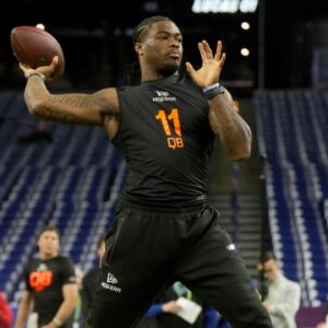 Alabama quarterback Jalen Milroe (QB11) during the 2025 NFL Combine at Lucas Oil Stadium.