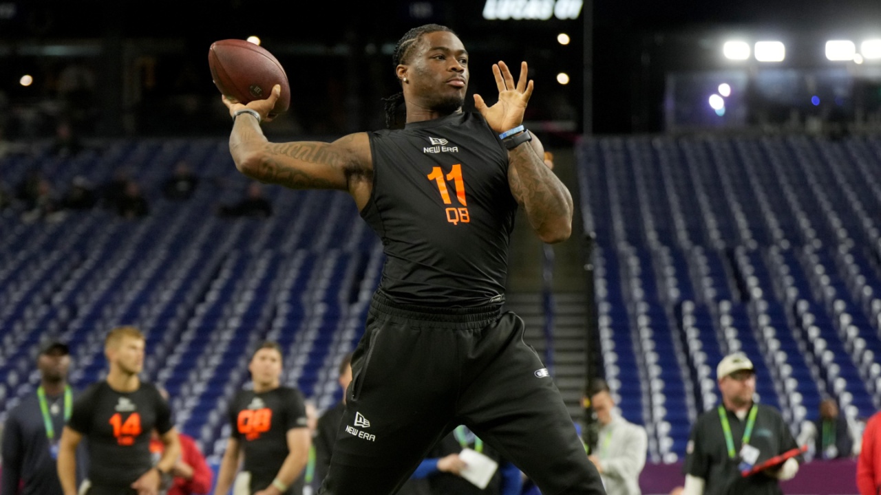 Alabama quarterback Jalen Milroe (QB11) during the 2025 NFL Combine at Lucas Oil Stadium.
