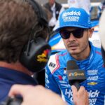 Kyle Larson is interviewed ahead of the Brickyard 400, Sunday, July 21, 2024, at Indianapolis Motor Speedway.