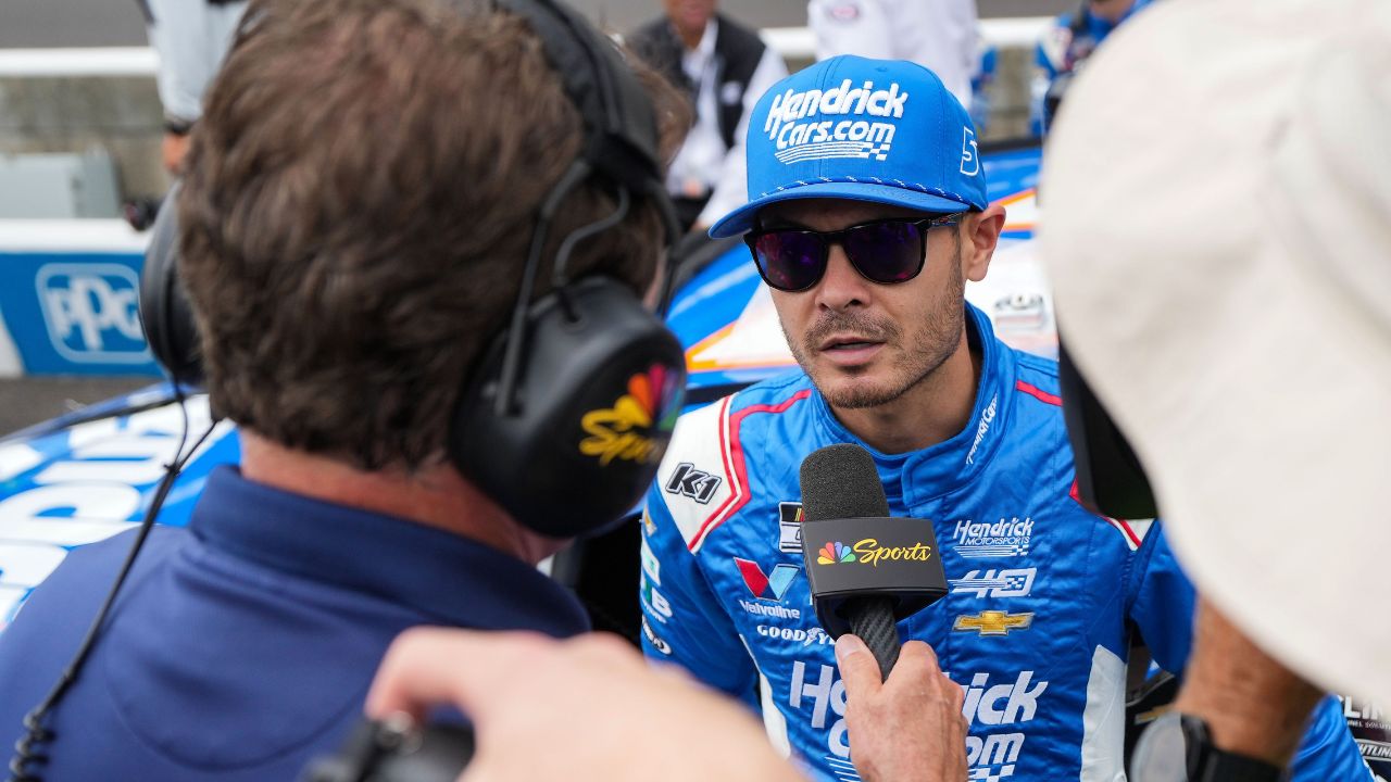 Kyle Larson is interviewed ahead of the Brickyard 400, Sunday, July 21, 2024, at Indianapolis Motor Speedway.