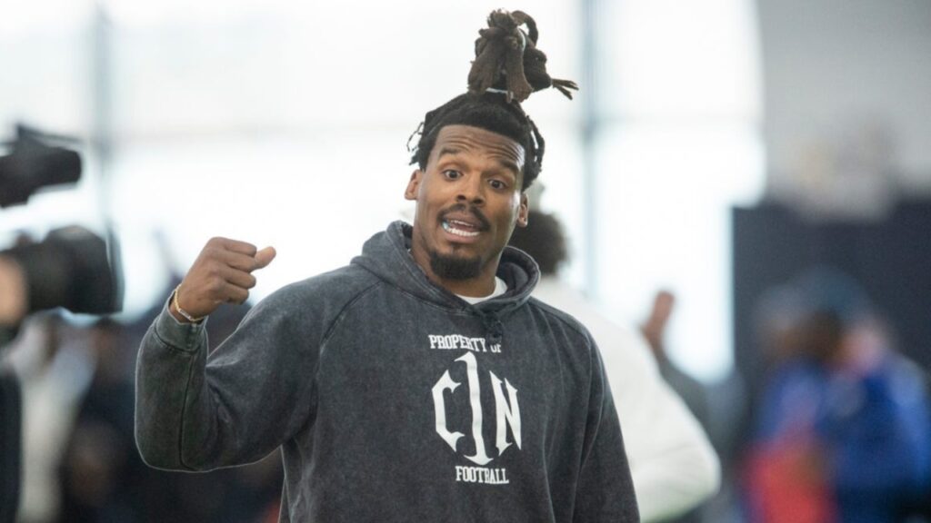 Former Auburn quarterback and NFL MVP Cam Newton during Auburn Tigers Pro Day at Woltosz Football Performance Center in Auburn, Ala., on Tuesday, March 21, 2023.