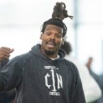 Former Auburn quarterback and NFL MVP Cam Newton during Auburn Tigers Pro Day at Woltosz Football Performance Center in Auburn, Ala., on Tuesday, March 21, 2023.