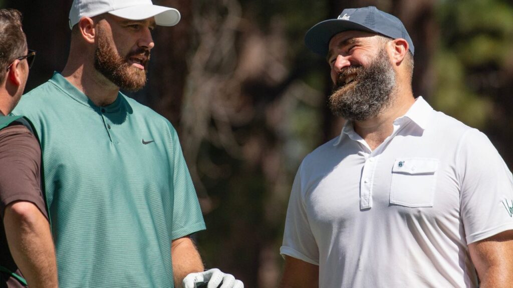 Travis Kelce and brother Jason Kelce talk on the 4th tee during the first round of the American Century Celebrity Championship golf tournament at Edgewood Tahoe Golf Course in Stateline, Nev., Friday, July 12, 2024.