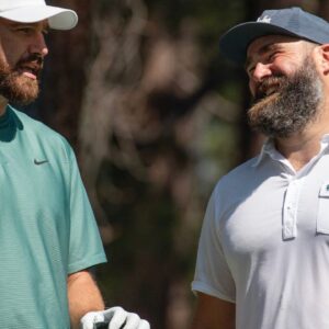 Travis Kelce and brother Jason Kelce talk on the 4th tee during the first round of the American Century Celebrity Championship golf tournament at Edgewood Tahoe Golf Course in Stateline, Nev., Friday, July 12, 2024.