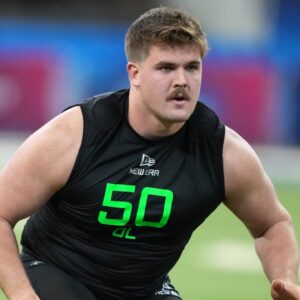 North Dakota State offensive lineman Grey Zabel (OL50) during the 2025 NFL Scouting Combine at Lucas Oil Stadium.