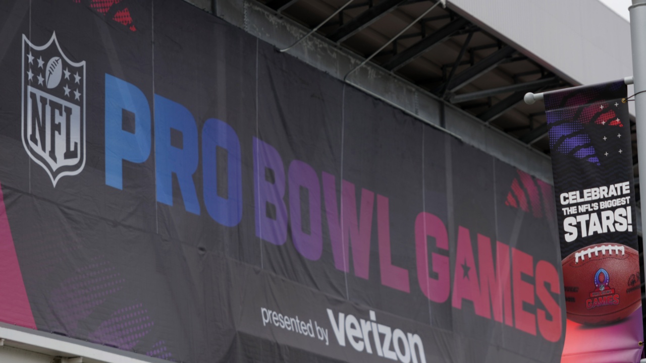 The 2025 Pro Bowl Games logo on the Camping World Stadium facade.
