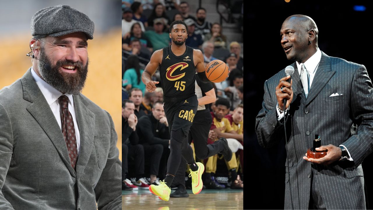 (L-R) Jason Kelce, Donovan Mitchell, Michael Jordan