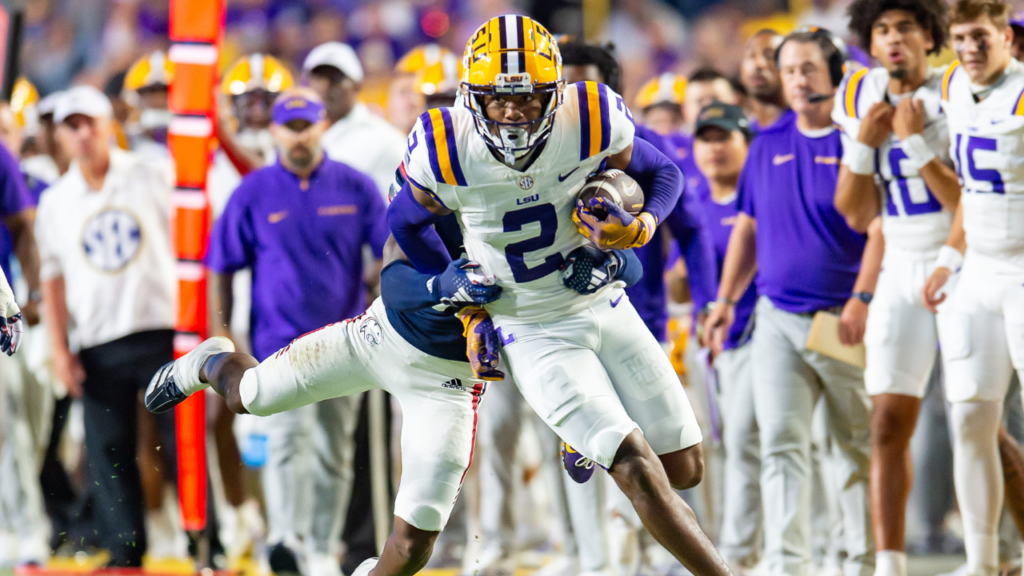 Kyren Lacey 2 runs the ball as the LSU Tigers take on the South Alabama Jaguars at Tiger Stadium in Baton Rouge, LA. Saturday, Sept. 28, 2024.