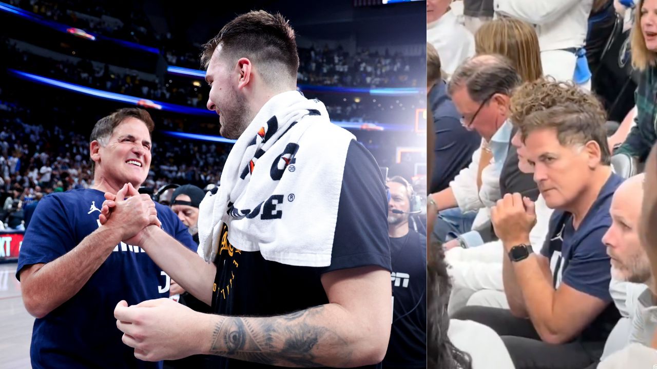 Mark Cuban and Luka Doncic (L); Mark Cuban (R) amid "fire nico" chants