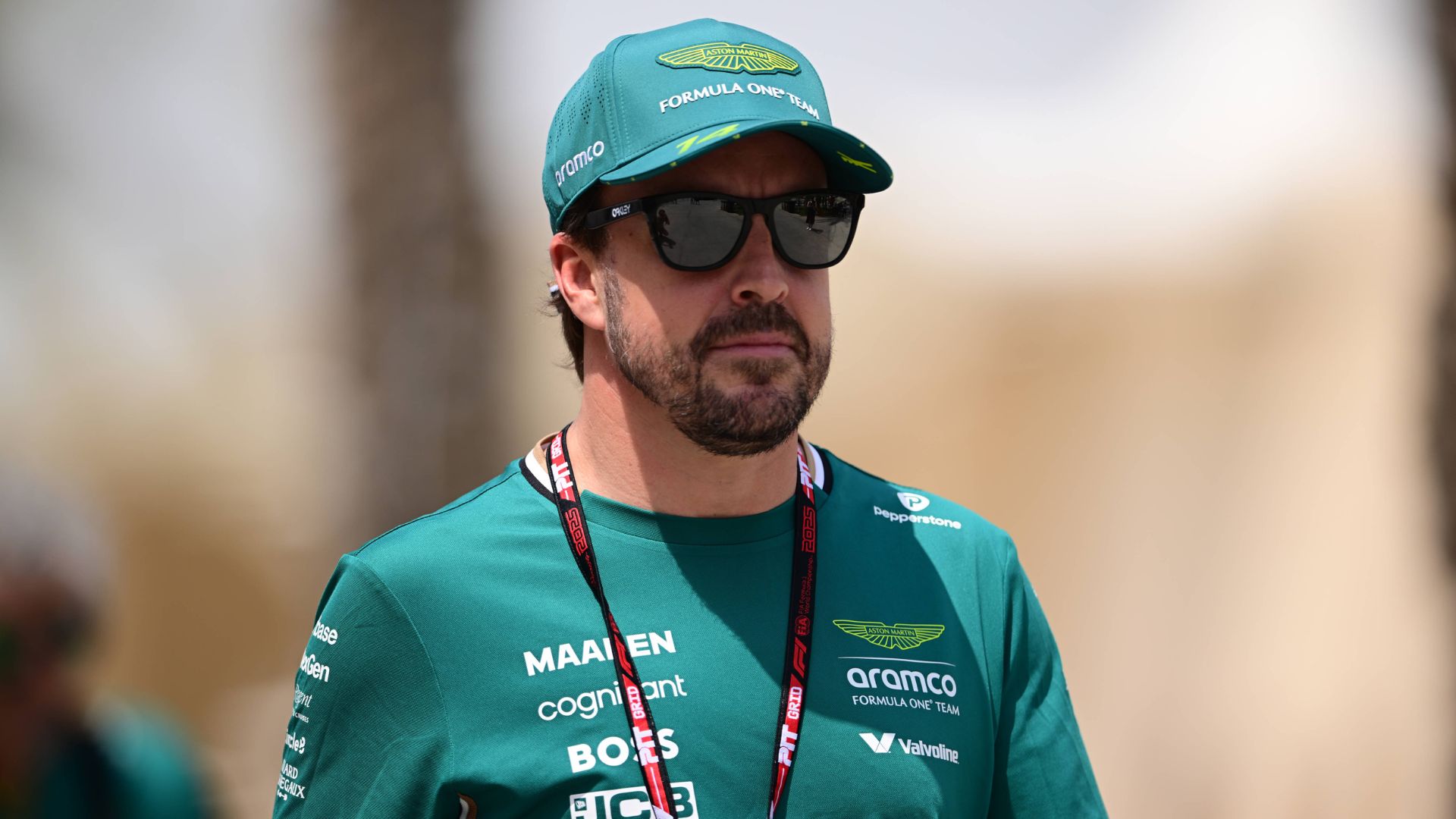 Fernando Alonso of the Aston Martin Cognizant F1 Team arrives in the paddock during free practice of the Bahrain GP, the 4th round of the Formula 1 World Championship