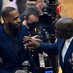 Lebron James and Michael Jordan on court during halftime during the 2022 NBA All-Star Game at Rocket Mortgage FieldHouse.
