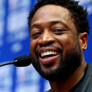 Feb 16, 2019; Charlotte, NC, USA; Team Lebron guard Dwayne Wade of the Miami Heat (3) speaks during the NBA All-Star Media Day at Bojangles Coliseum. Mandatory Credit: Jeremy Brevard-Imagn Images