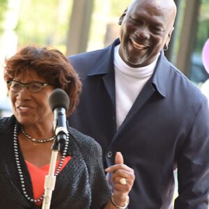Michael Jordan and his mother Deloris Jordan talk to the crowd outside of The Michael Jordan Family Medical Clinic led by Novant Health. Both were taking part in a ribbon cutting ceremony for the new clinic opening off of Greenfield Street