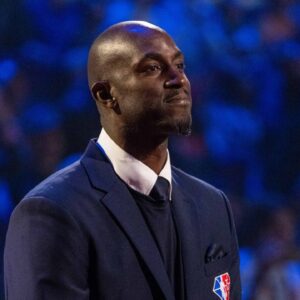 NBA great Kevin Garnett is honored for being selected to the NBA 75th Anniversary Team during halftime in the 2022 NBA All-Star Game at Rocket Mortgage FieldHouse.