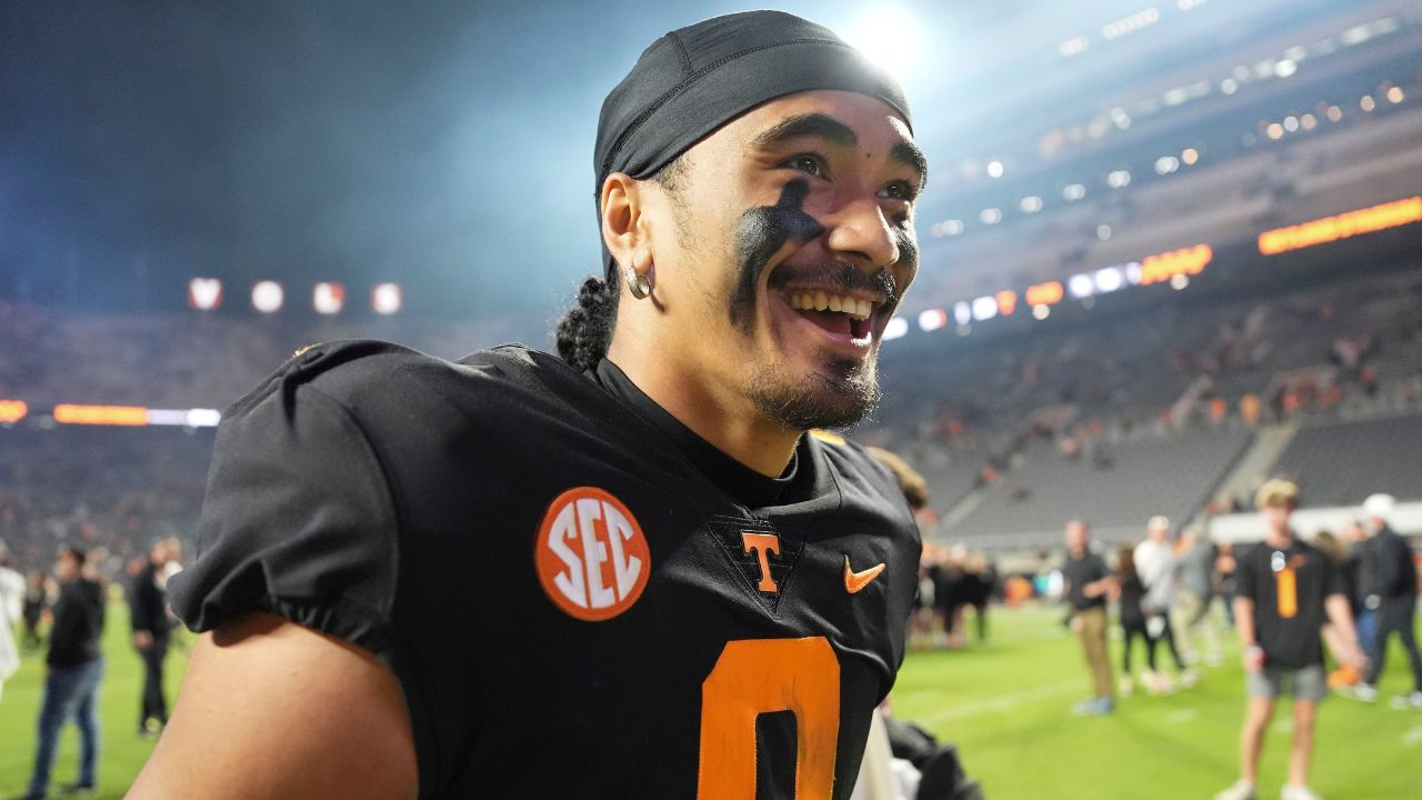 Tennessee quarterback Nico Iamaleava (8) walks off the field after the win over Kentucky after an NCAA college football game on Saturday.