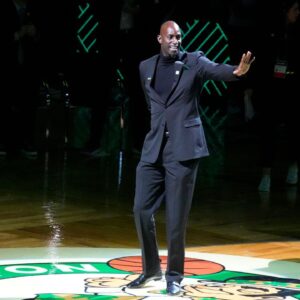Basketball Hall of Fame and former Boston Celtic, Kevin Garnett is introduced during his number retirement ceremony after game between the Boston Celtics and the Dallas Mavericks at TD Garden