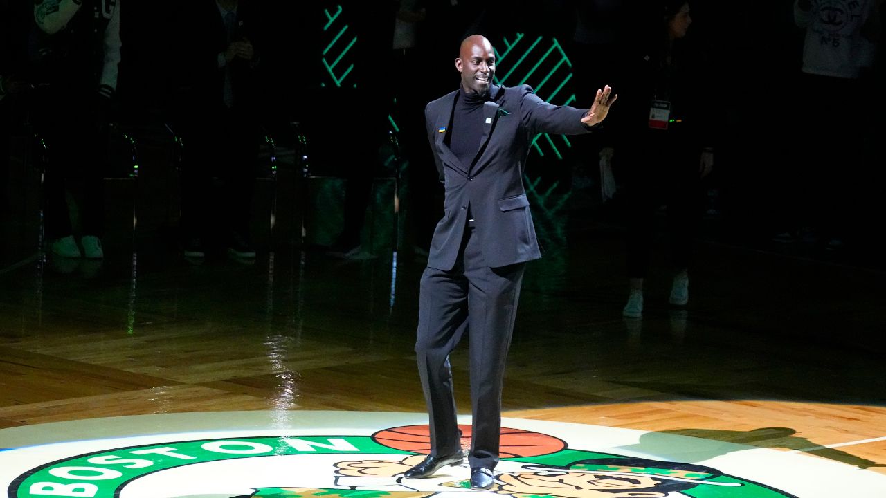 Basketball Hall of Fame and former Boston Celtic, Kevin Garnett is introduced during his number retirement ceremony after game between the Boston Celtics and the Dallas Mavericks at TD Garden
