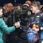 LAS VEGAS, NV - NOVEMBER 23: After winning his fourth F1 world title, Max Verstappen (1) Oracle Red Bull Racing shakes hands with Fernando Alonso in the pits at the conclusion of the F1 Heineken Silver Las Vegas Grand Prix on Saturday, Nov. 23, 2024, at the Las Vegas Street Circuit in Las Vegas, Nevada.