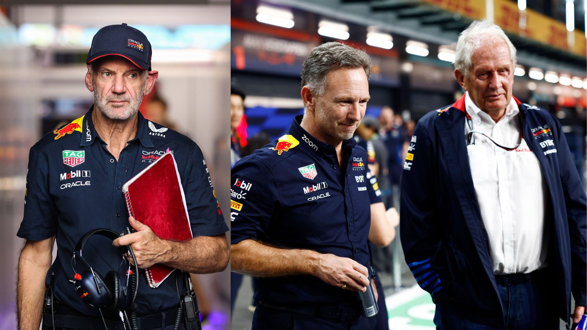 Adrian Newey (L), Christian Horner and Helmut Marko (R)