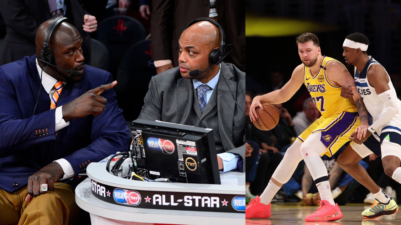 Shaquille O'Neal and Charles Barkley (L), Luka Doncic and Jaden McDaniels (R)