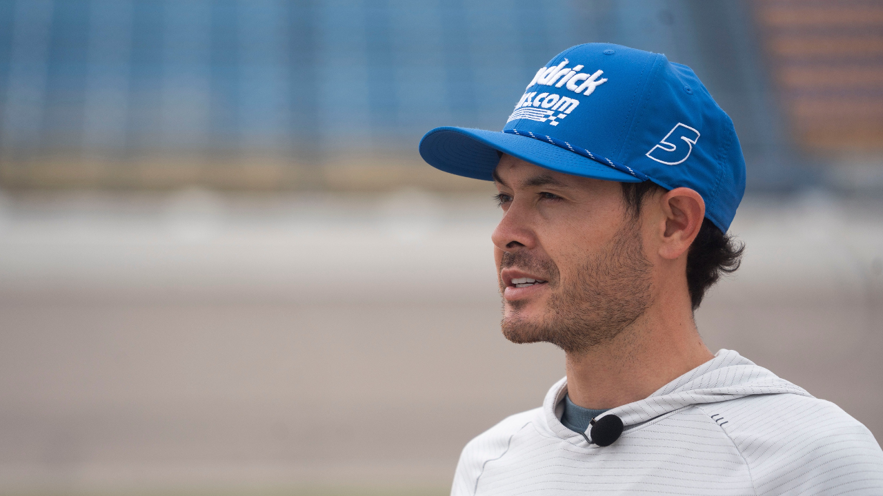NASCAR Cup Series driver Kyle Larson speaks during an interview at Iowa Speedway on April 18, 2025, in Newton.