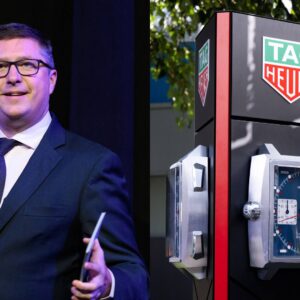 David Croft (L), Tag Heuer branding at F1's Australian GP (R)
