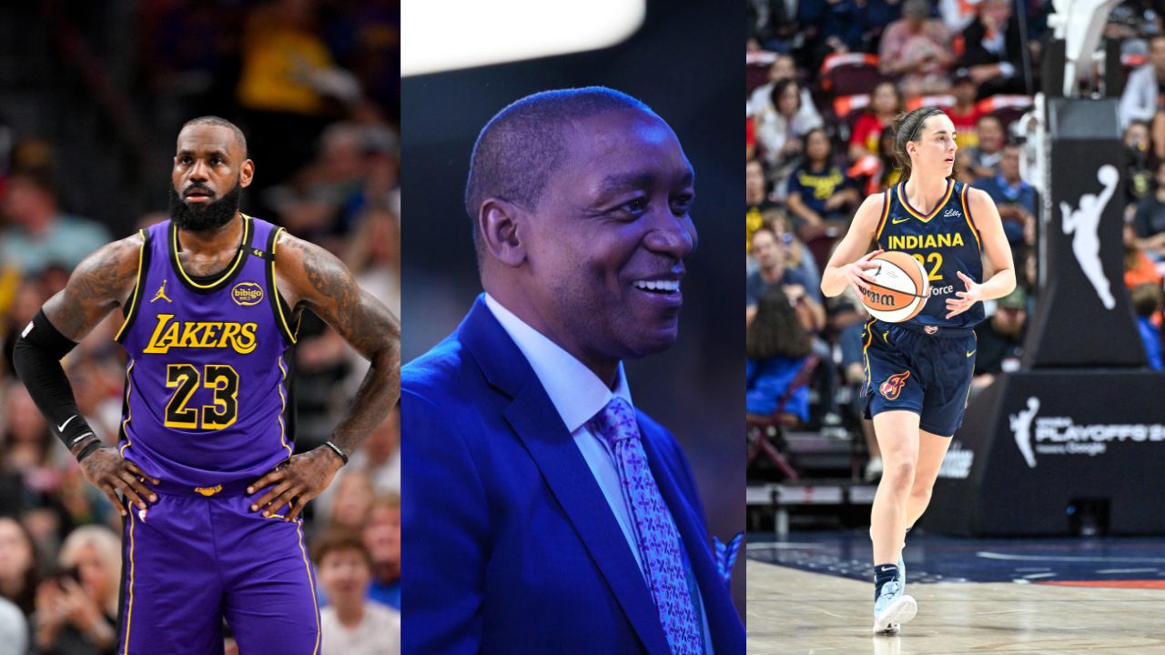 LeBron James (L), Isiah Tomas (C), Caitlin Clark (R)