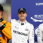 Lando Norris (L), Nico Rosberg and Lewis Hamilton (R)